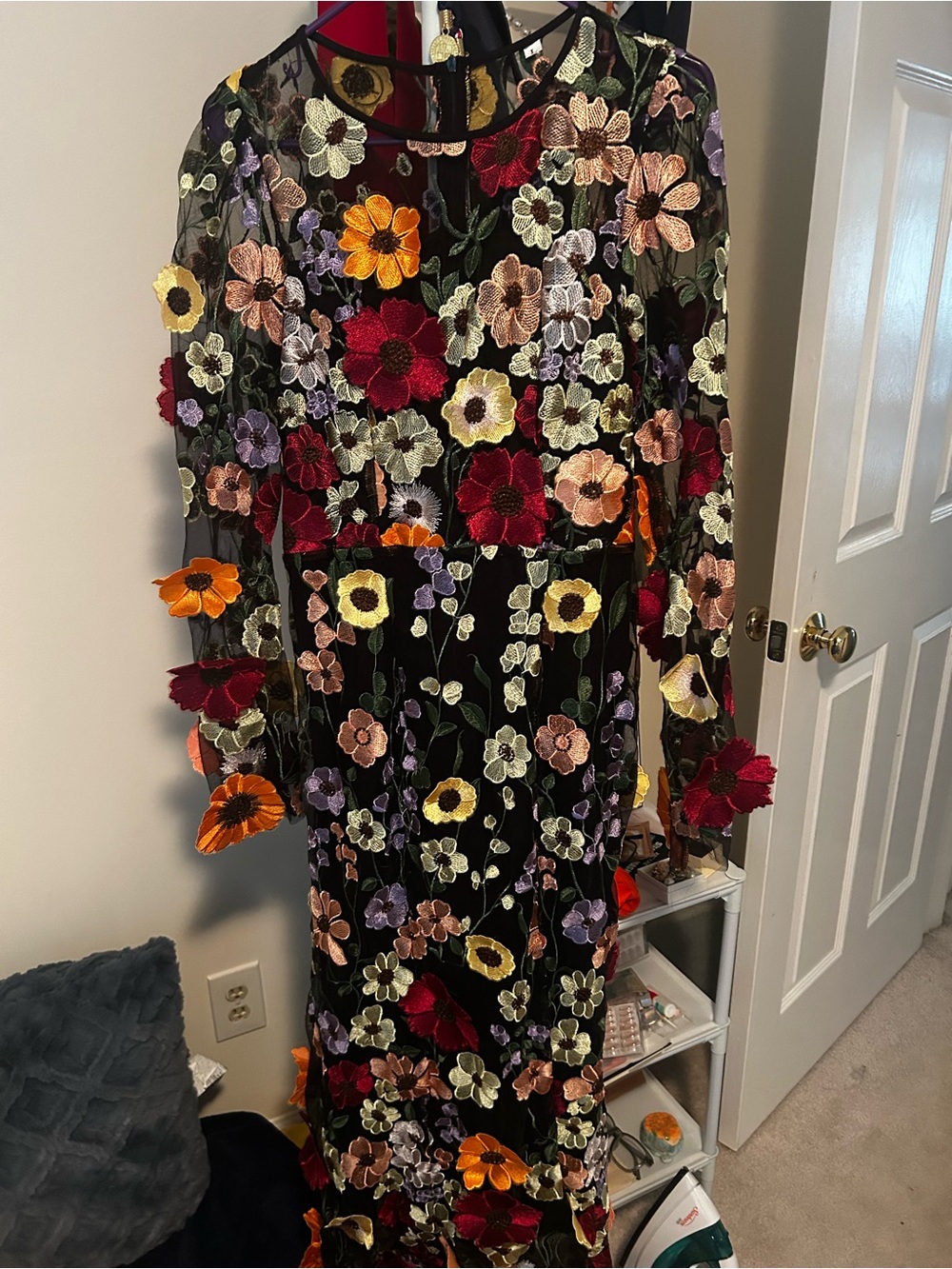 SHEIN Black Long-Sleeve Floral Appliqué Mesh Dress
